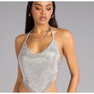 NWT Windsor Silver Rhinestone Chainmail Halter Top Handkerchief Festival Y2K
